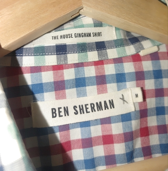Ben Sherman The House Gingham Shirt Button Front Long Sleeve Green Blue Medium - Picture 6 of 8